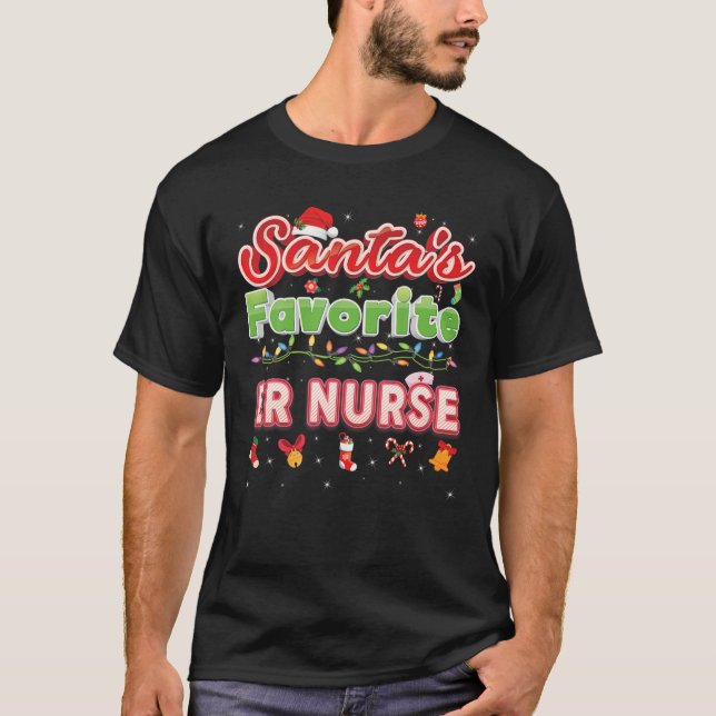 Santa's Favorite ER Nurse Christmas Santa Hat Ligh T-Shirt (Front)