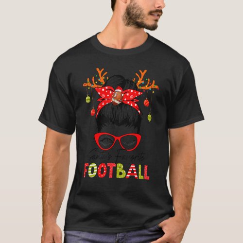 Santas Favorite Football Xmas Messy Bun Santa Hat T_Shirt