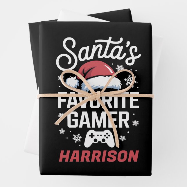 Santa's Favorite Gamer Personalized Gaming Xmas Wrapping Paper Sheets (In situ)