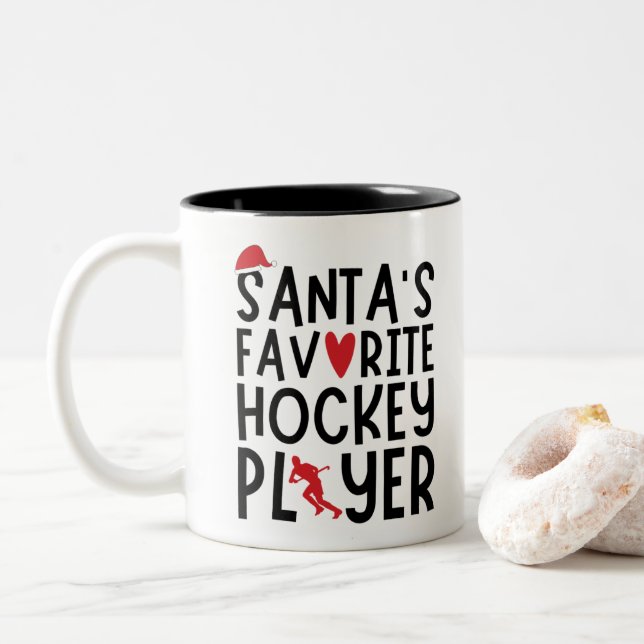 Santa's Favorite Hockey Player, Christmas Gifts  Two-Tone Coffee Mug (With Donut)