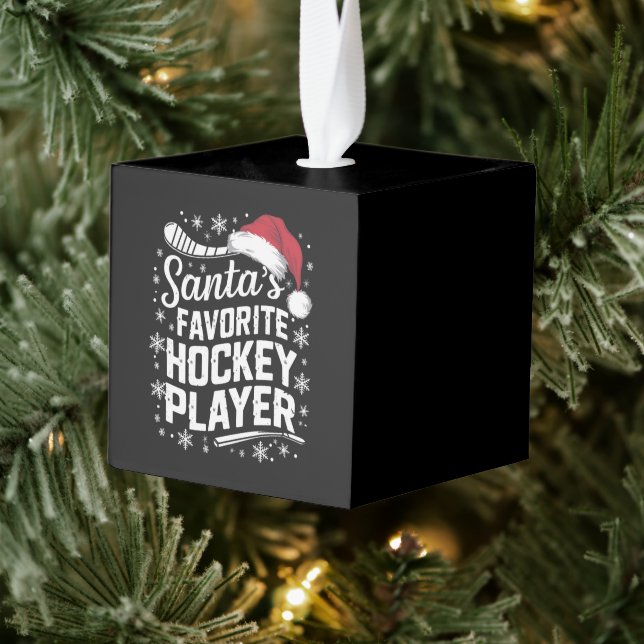 Santa's Favorite Hockey Player Pajama Christmas  Cube Ornament (Tree)