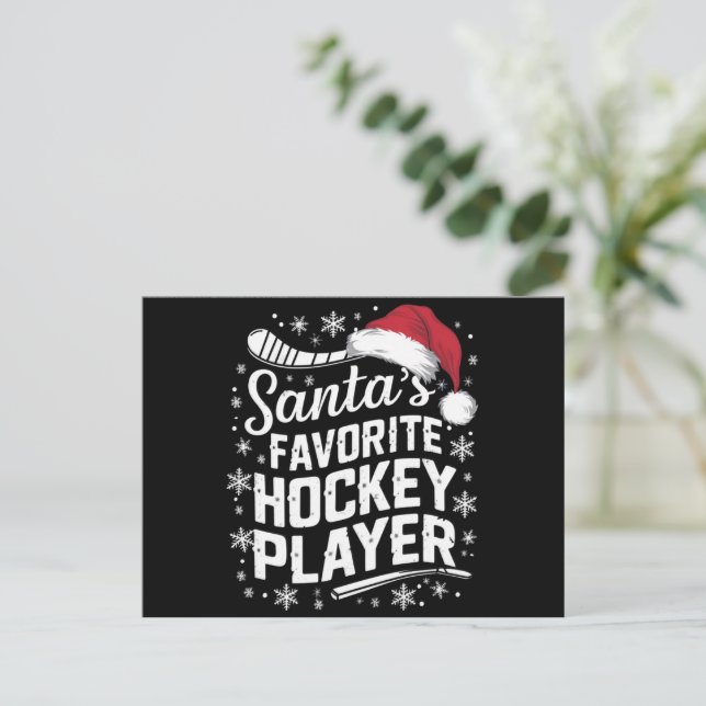 Santa's Favorite Hockey Player Pajama Christmas  Holiday Postcard (Standing Front)