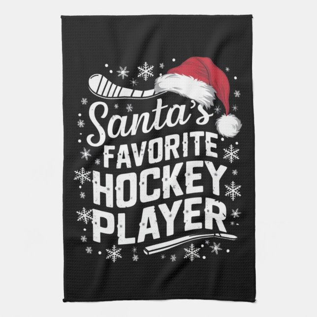 Santa's Favorite Hockey Player Pajama Christmas  Kitchen Towel (Vertical)