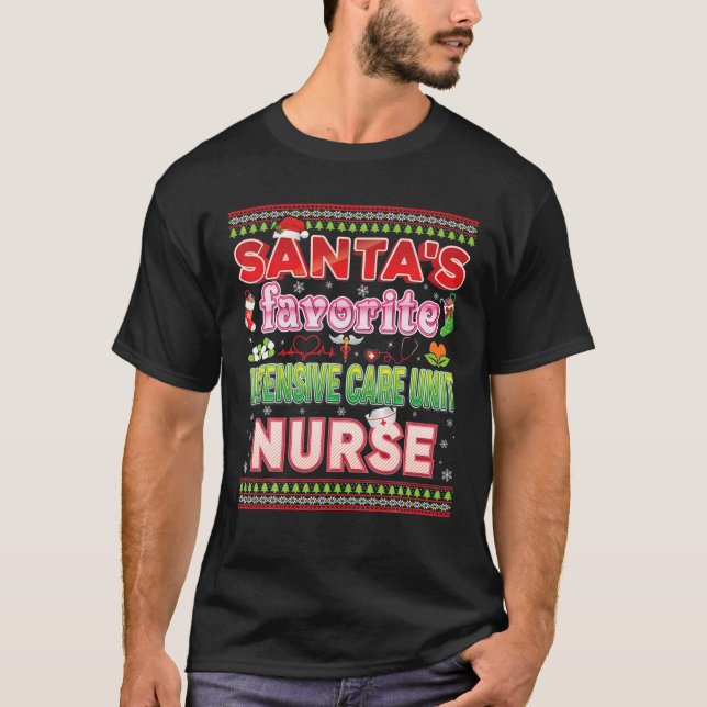 Santa's Favorite Intensive Care Unit Nurse Christm T-Shirt (Front)