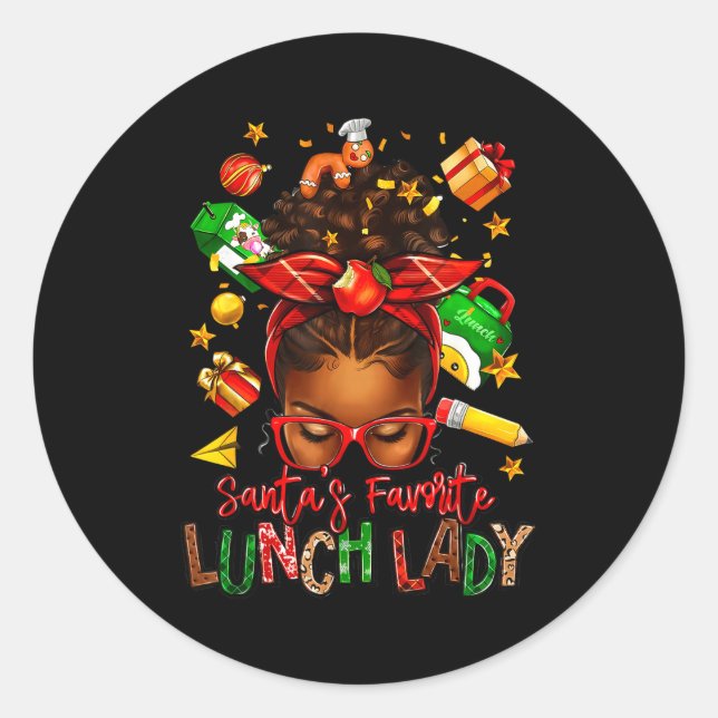 Santa's Favorite Lunch Lady Afro Messy Bun Woman C Classic Round Sticker (Front)