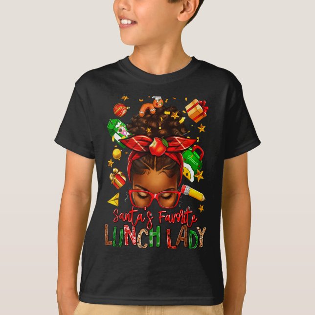 Santa's Favorite Lunch Lady Afro Messy Bun Woman C T-Shirt (Front)