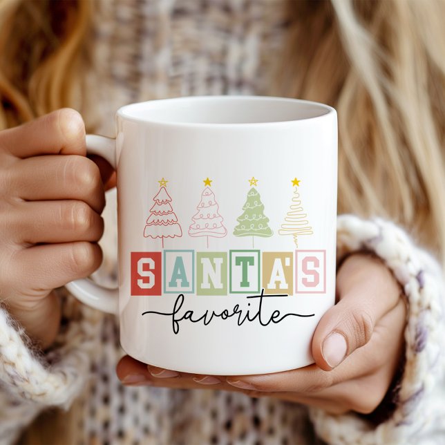 "Santa's Favorite" Modern Pastel Christmas Trees Coffee Mug ("Santa's Favorite" Modern Pastel Christmas Trees Coffee Mug in a girl's hands.)