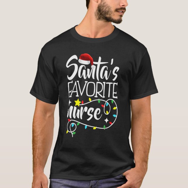 Santa's Favorite Nurse Christmas lights Santa Xmas T-Shirt (Front)