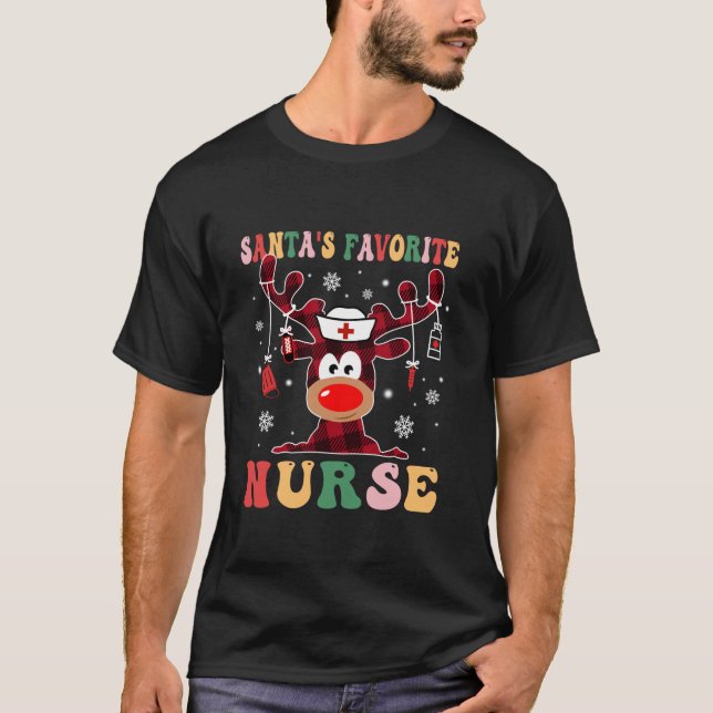 Santas Favorite Nurse Christmas Reindeer RN CNA IC T-Shirt (Front)