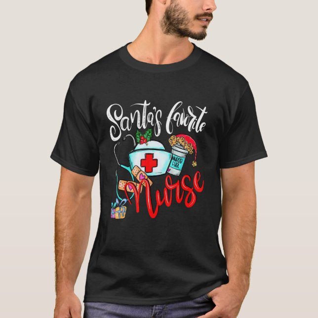 Santas Favorite Nurse  Christmas Xmas RN CNA Nursi T-Shirt (Front)