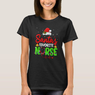 Santa's-Favorite Nurse Xmas Light Santa Hat Christ T-Shirt