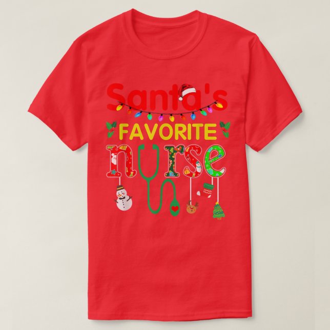Santa's Favorite Nurse Xmas Light Santa Hat Christ T-Shirt (Design Front)