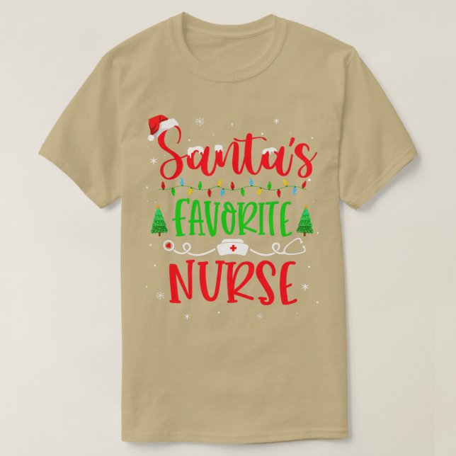 Santas Favorite Nurse Xmas Light Santa Hat Christm T-Shirt (Design Front)