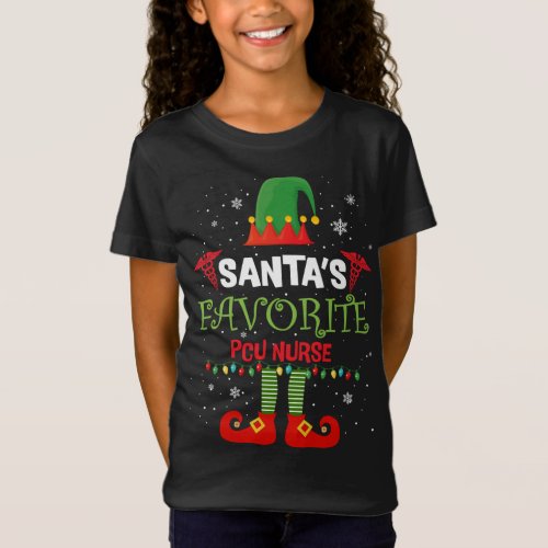 Santas Favorite PCU Nurse Santa Hat Lights Christ T_Shirt