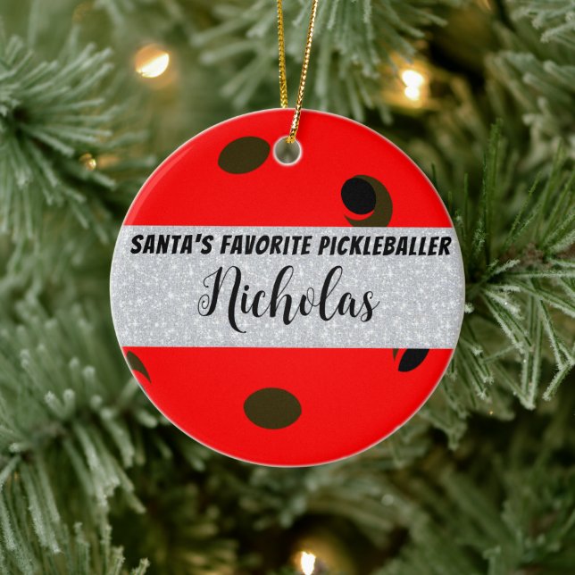 Santa's Favorite Pickleballer Personalized Photo Ceramic Ornament (Tree)