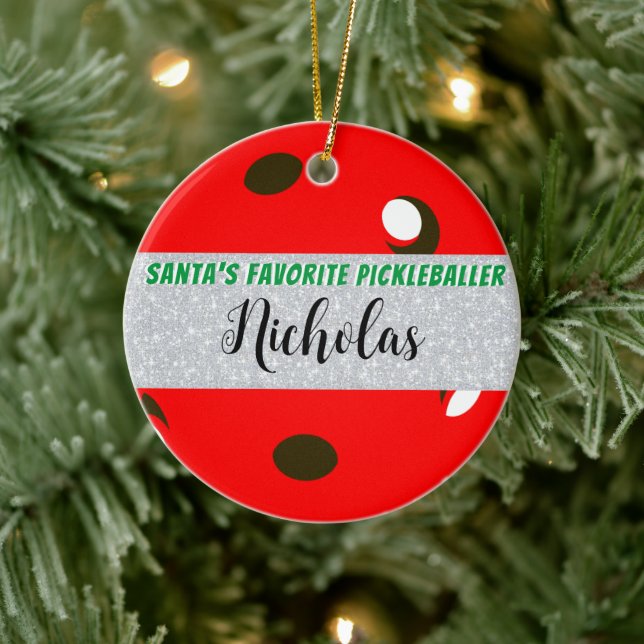 Santa's Favorite Pickleballer Red Pickleball Ceramic Ornament (Tree)