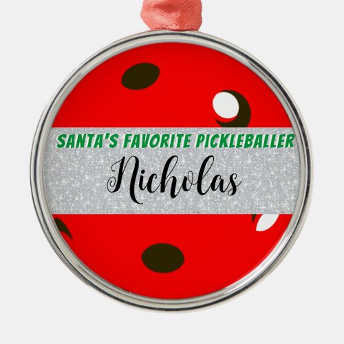 Santas Favorite Pickleballer Red Pickleball Metal Ornament