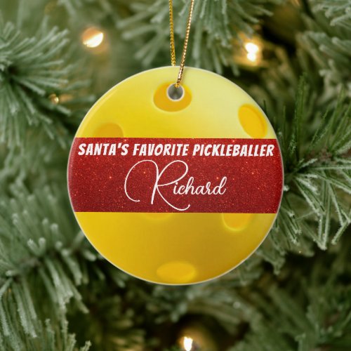 Santas Favorite Pickleballer Yellow Pickleball Ceramic Ornament