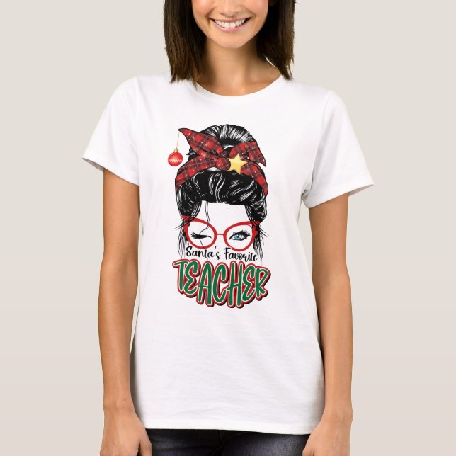 Santa's Favorite Teacher Christmas Groovy White T-Shirt (Front)
