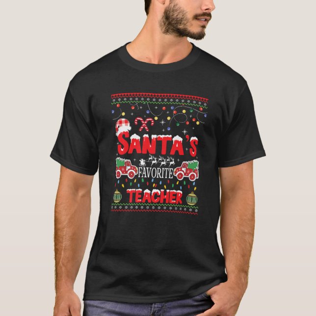 Santas Favorite Teacher Christmas Santa Hat Light  T-Shirt (Front)