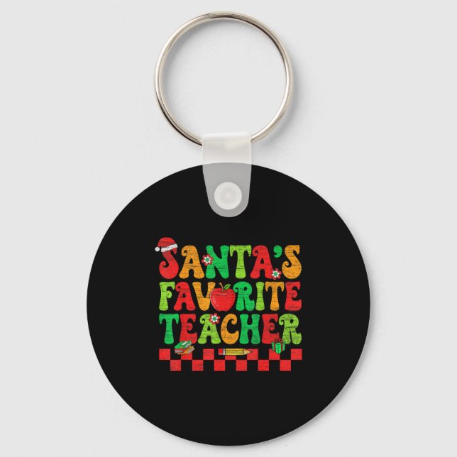 Santas Favorite Teacher Retro Groovy Christmas Xma Keychain (Front)