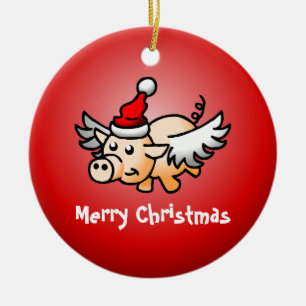 Santa's Flying Christmas Pig Ceramic Ornament
