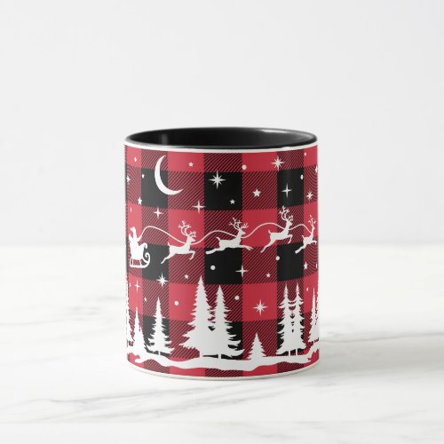 Santas Flying Reindeer Red Buffalo Check Mug