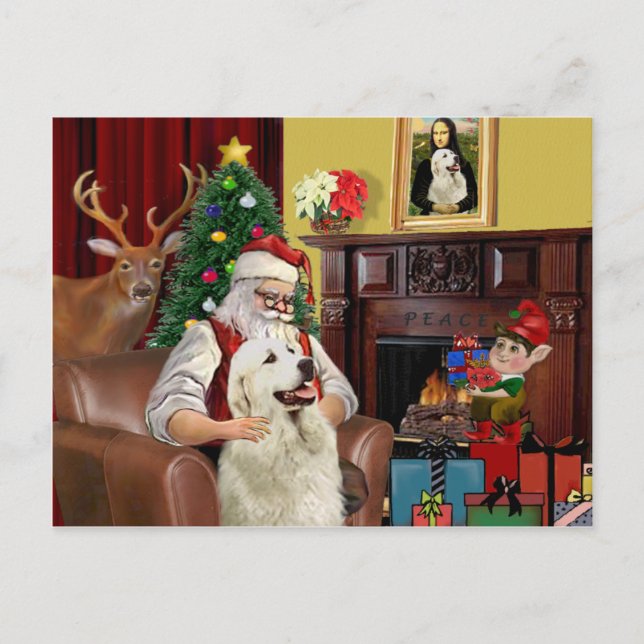 Santa's GreatPyrenees Holiday Postcard (Front)