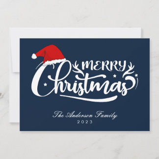 Santa's Hat Blue Family Name, Year Christmas Card