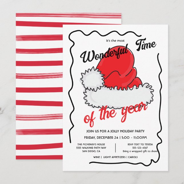 Santa's Hat Holiday Hand drawen Christmas Party Invitation (Front/Back)