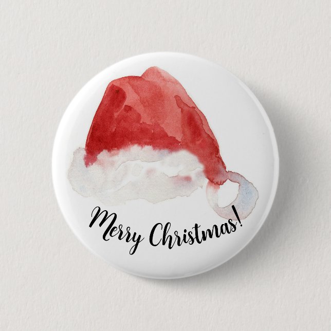 Santa's Hat Merry Christmas Red Watercolor Button (Front)
