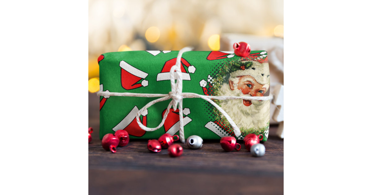 Christmas Santa Hat & Custom Name Pattern Kraft Wrapping Paper