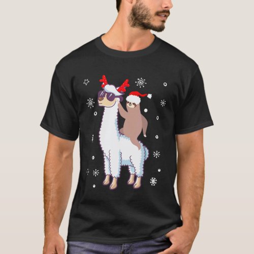 Santas Hat Sloth on Reindeer Llama Christmas Xmas  T-Shirt
