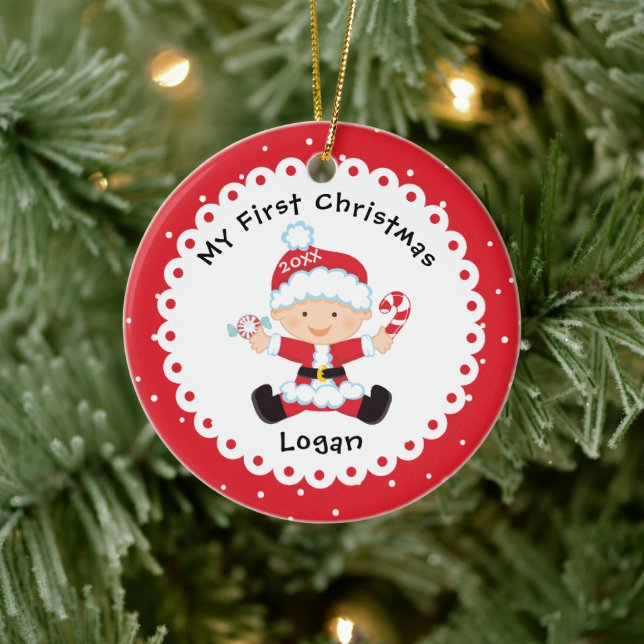 Santa's Helper Baby's First Christmas Ceramic Ornament (Tree)