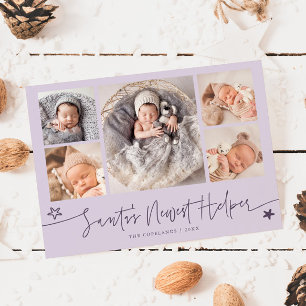 Santa's Helper Christmas Purple Birth Holiday Card