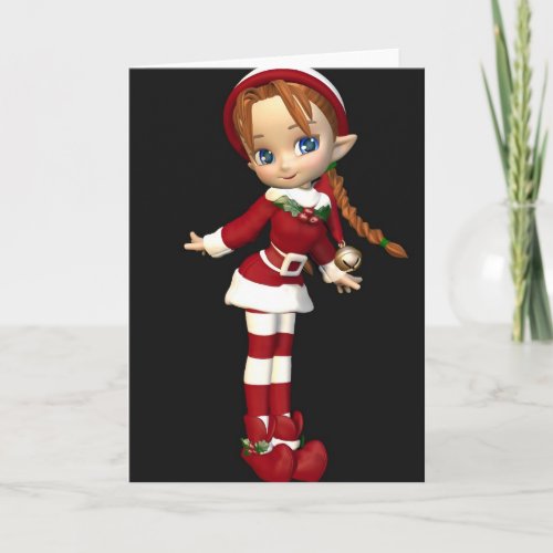 Santas Helper Cute Toon Xmas Elf Girl Holiday Card