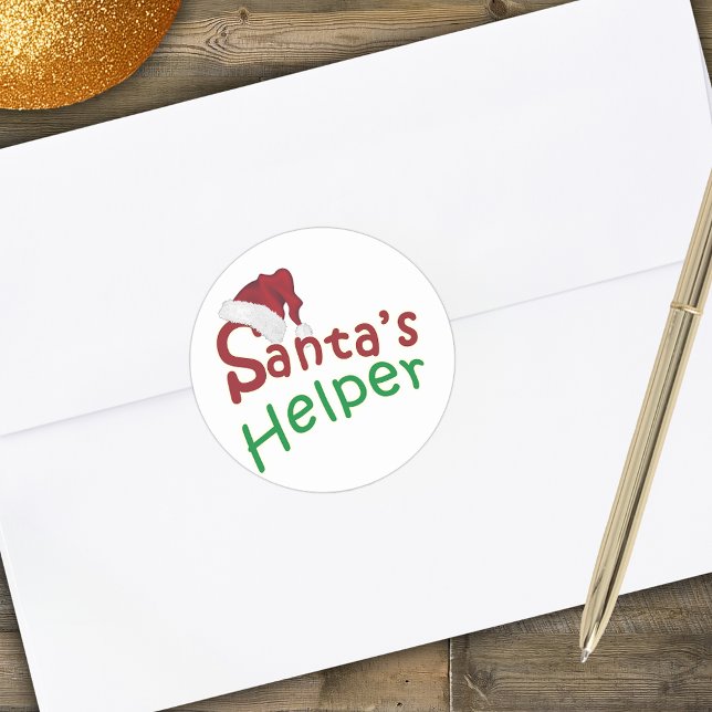 Santa's Helper Red Hat Typography Christmas Classic Round Sticker (Santa's Helper Red Hat Typography Christmas Classic Round Sticker)