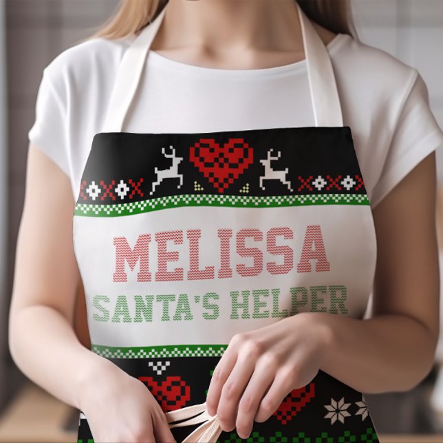 Santa's Helper Ugly Christmas Sweater SMALL Apron (Cute Ugly Sweater Christmas Santa's Helper Apron with Any Name (Try Your Name Now!) | SIZE SMALL)