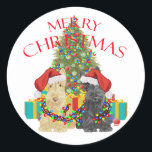 Santas Helpers Classic Round Sticker<br><div class="desc">Wheaten and Black Scottish Terrier have been helping to decorate the Christmas Tree and sort out the Gifts! Come visit Maggie Ross Scotties Shop to see this and many more seasonal designs created from my original artwork. Personalize if you wish, using our easy Text Tool. Change the background colors! Purchase...</div>