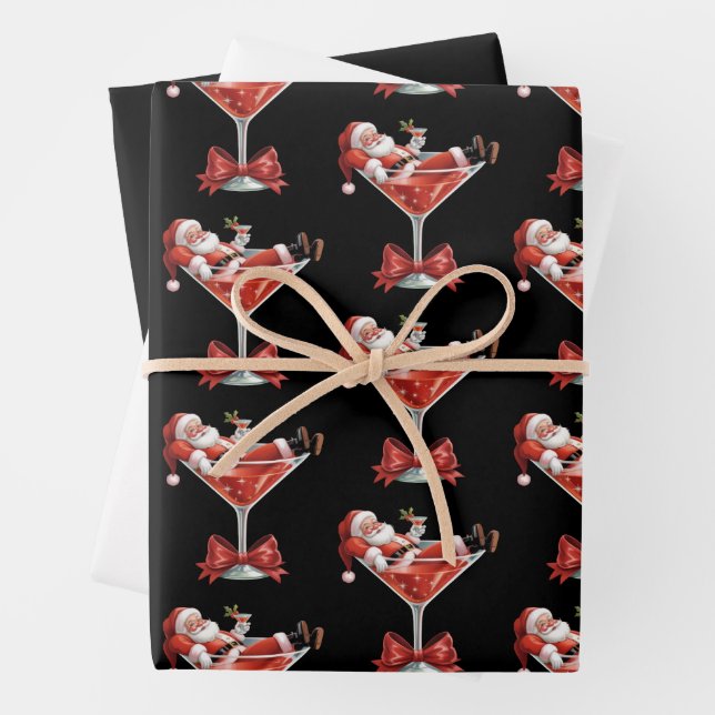 Santa's Hot Mess Christmas Martini Funny Santa  Wrapping Paper Sheets (In situ)