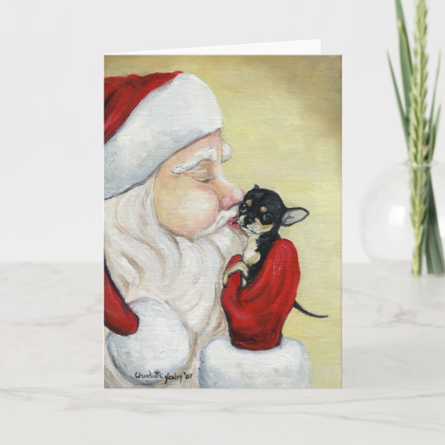 "Santa's Kiss for Chihuahua" Dog Art Greeting Card (Front)