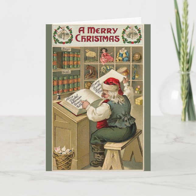 Santa's List and Workshop Retro Christmas Card (Front)