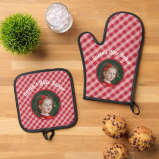 Santa's Little Baker kids gingham christmas photo Oven Mitt & Pot Holder Set