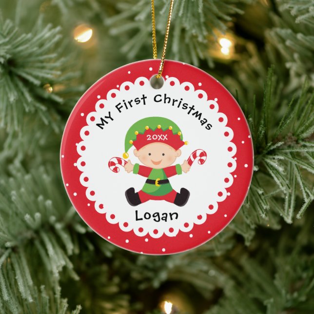 Santa's Little Elf Baby's First Christmas Ceramic Ornament (Tree)