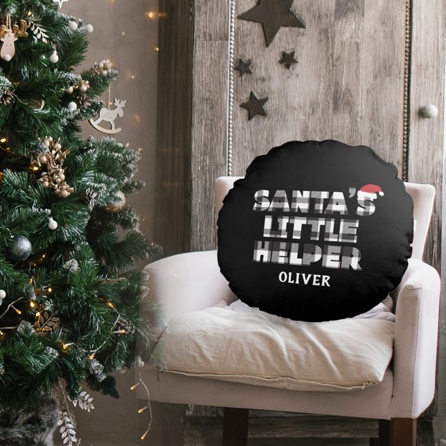 Santa's little helper Personalized  Round Pillow (personalized santa;s little helper pillow. black and white plaid check. )
