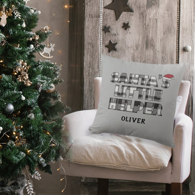 Santa's little helper Personalized  Throw Pillow (santa's little helper Christmas personalized square pillow. black and white plaid check design)