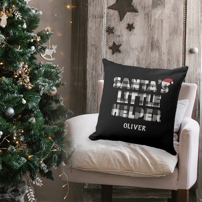 Santa's little helper Personalized  Throw Pillow (santa's little helper personalized pillow. black and white plaid check)