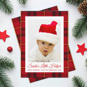 Santa's Little Helper Red Tartan Plaid Baby Photo  Holiday Card