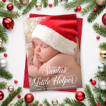 Santa's Little Helper Script Baby Christmas Photo  Holiday Card<br><div class="desc">This festive holiday photo card features one vertical full-frame (aka "full-bleed") photo and a beautiful script greeting in white. The greeting on the front reads "Santa's Little Helper". The back has a coordinating red and white dot pattern. You can also add another photo and/or additional text to the back.</div>