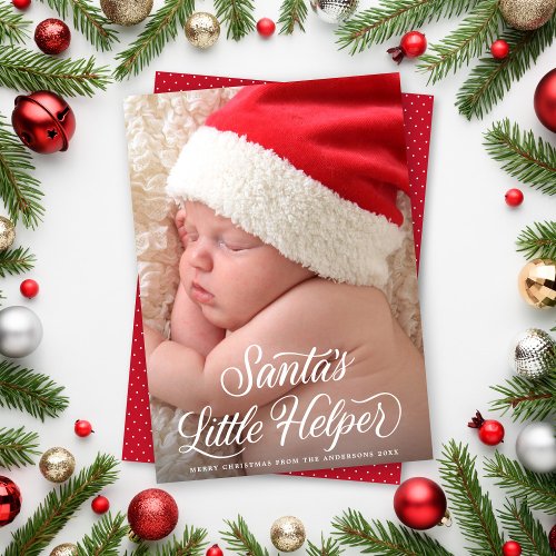 Santas Little Helper Script Baby Christmas Photo  Holiday Card